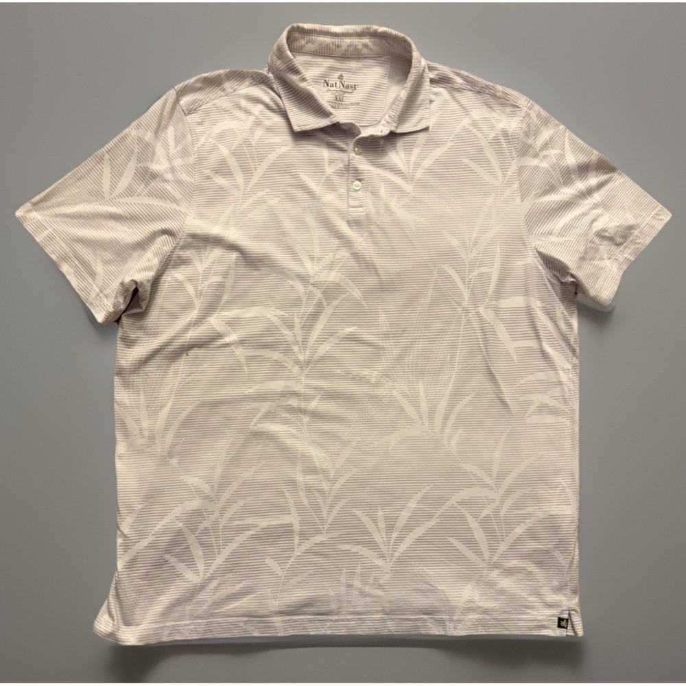 Nat Nast Short Sleeve Polo Shirt Gray White Striped Floral Logo 2XL XXL JBHS